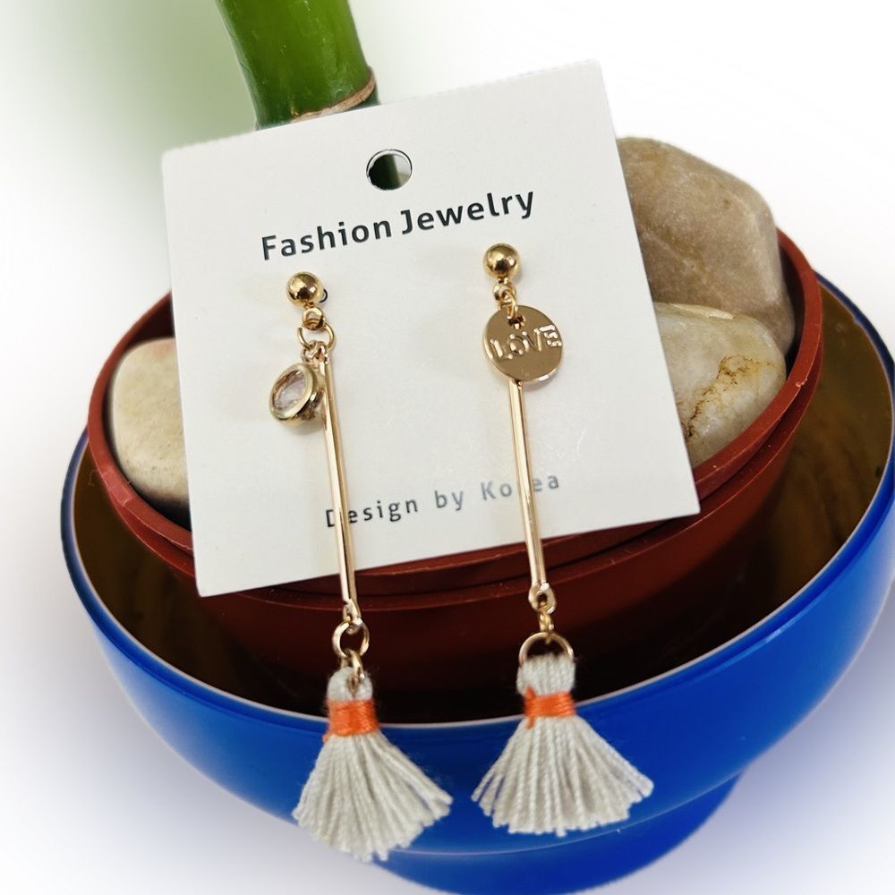 Cute & Elegant Long Goldtoned Tassel & Love charm Dangle Drop Fashion Earrings